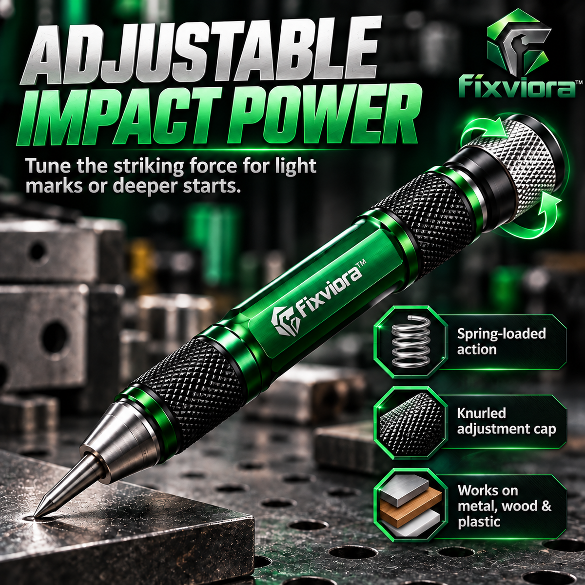 fixviora™ Adjustable Automatic Center Punch with Precision Marking & Spring Impact System