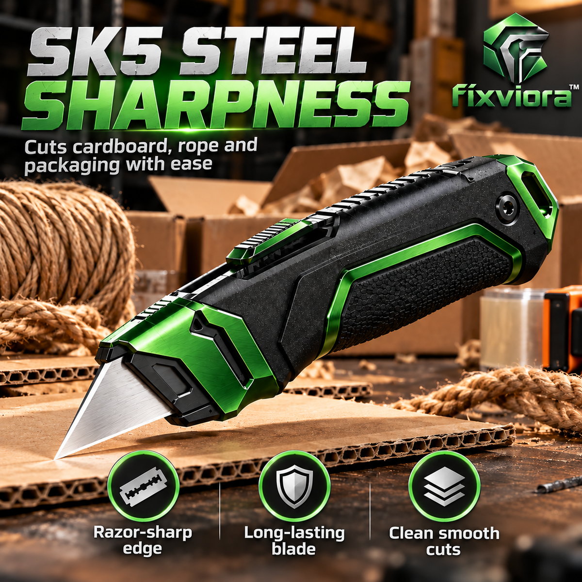 fixviora™ Heavy-Duty Utility Knife with SK5 Steel Blade & Retractable Safety Design