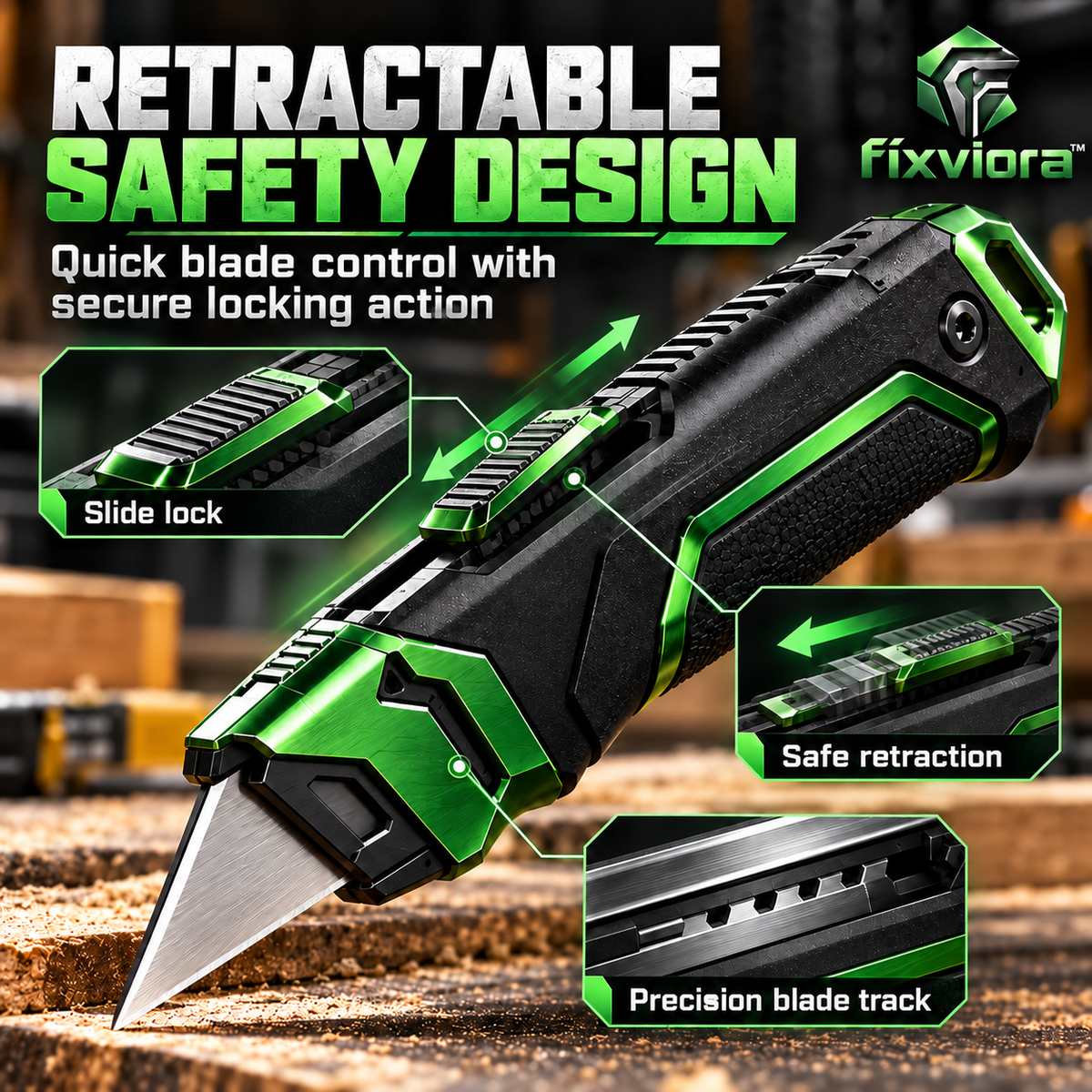 fixviora™ Heavy-Duty Utility Knife with SK5 Steel Blade & Retractable Safety Design