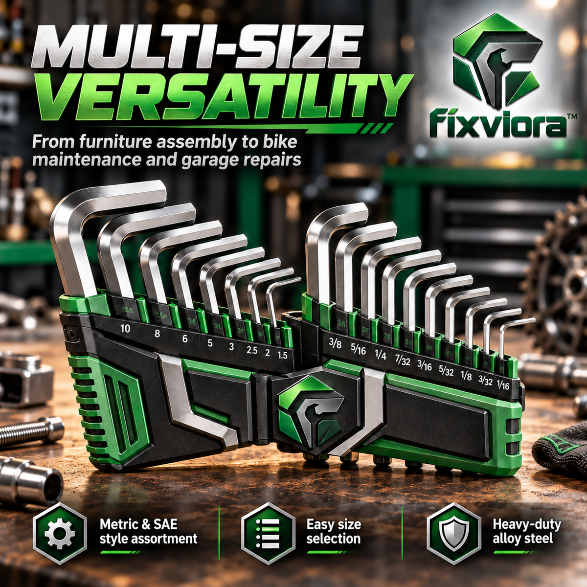 fixviora™ Heavy-Duty Hex Key Set with Multi-Size Alloy Steel L-Shaped Wrenches