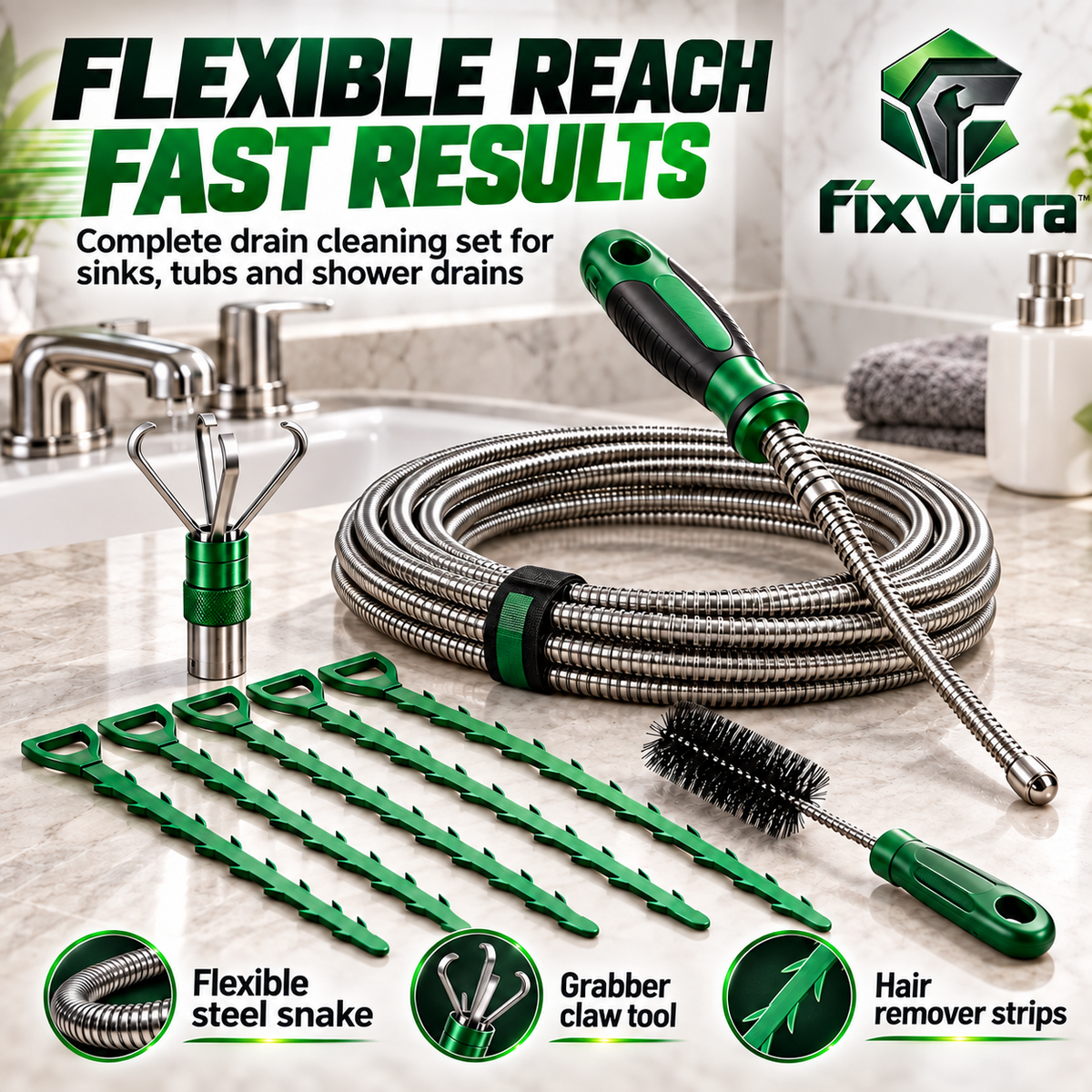 fixviora™ Drain Cleaning Tool Set with Flexible Cleaning & Retrieval Tools