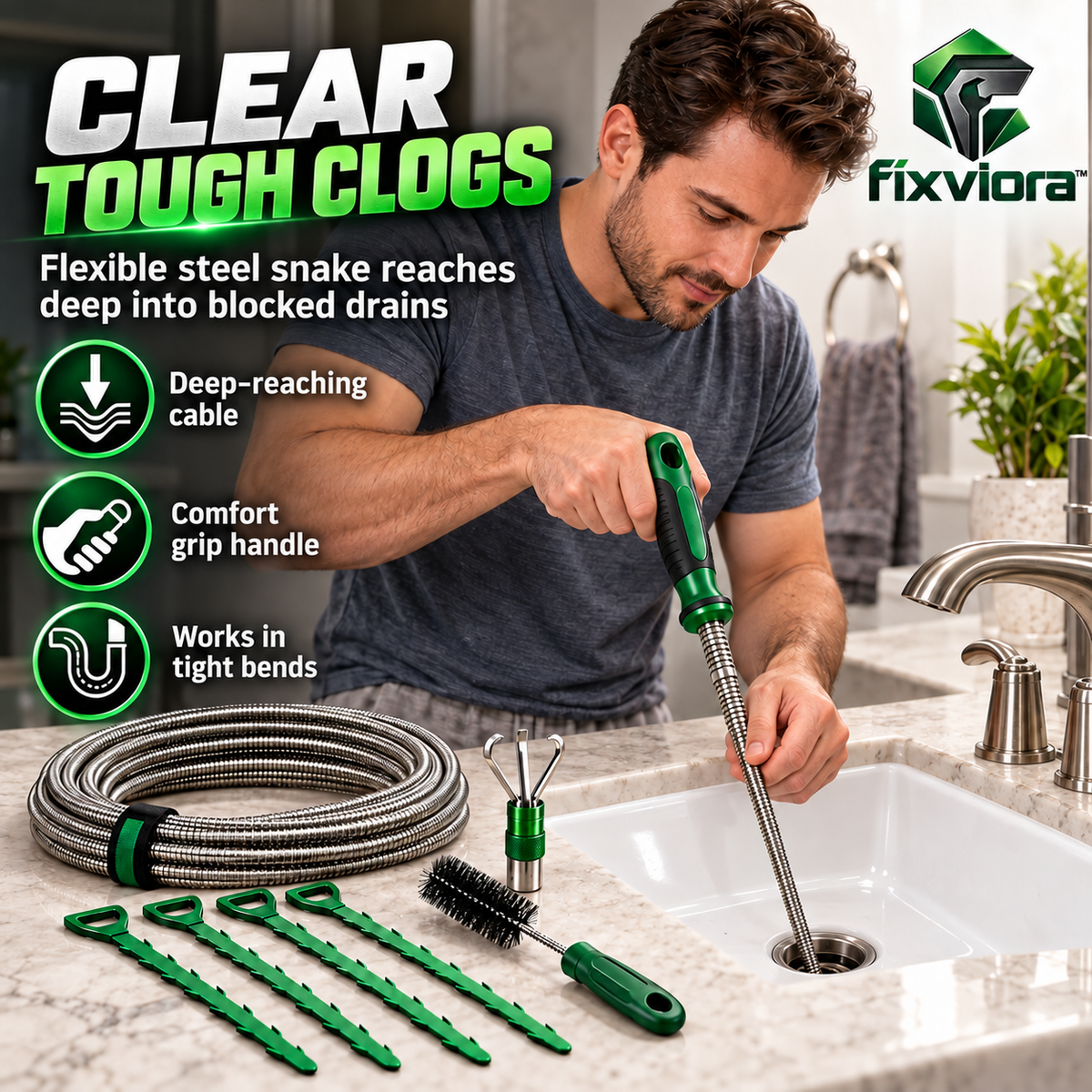 fixviora™ Drain Cleaning Tool Set with Flexible Cleaning & Retrieval Tools