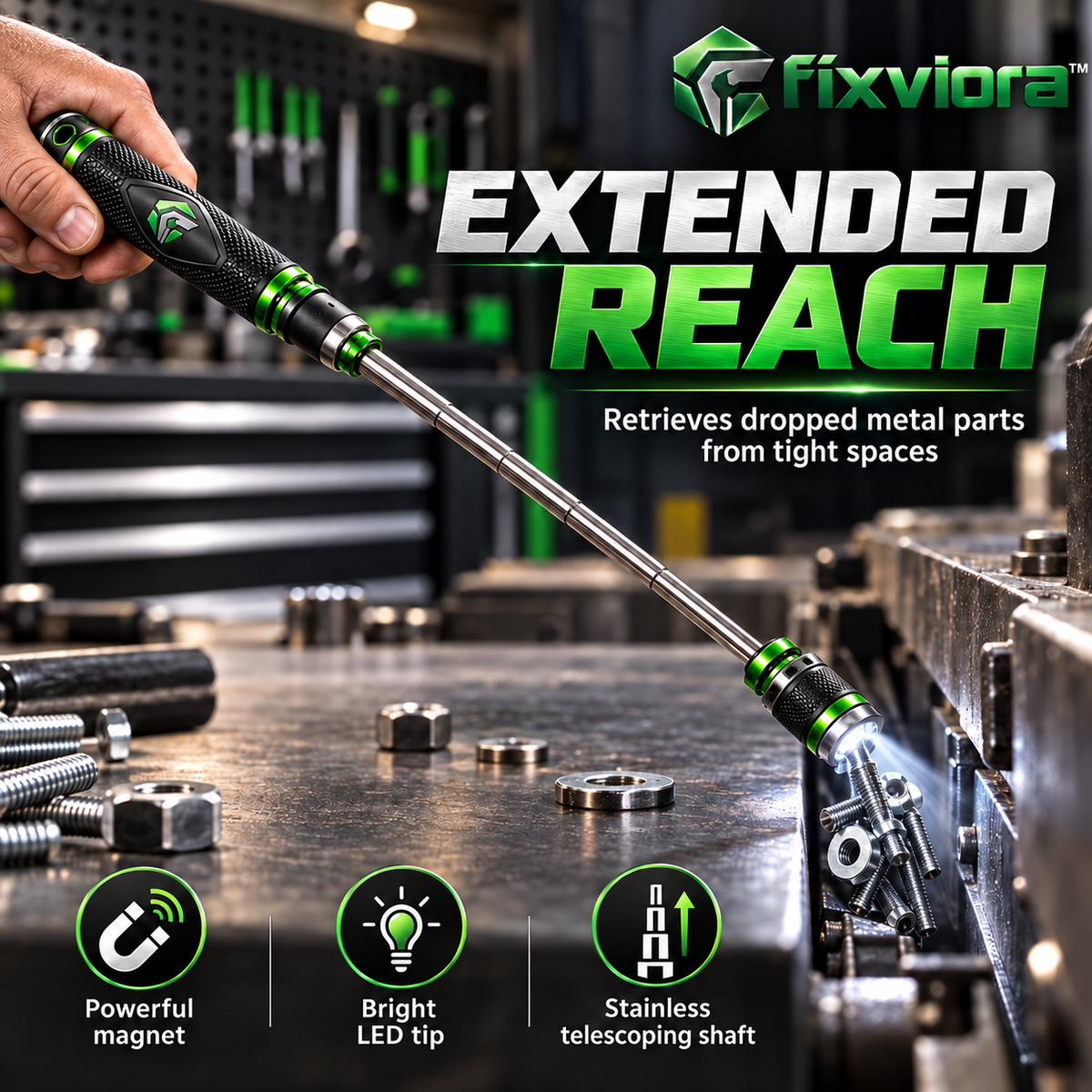 fixviora™ Telescoping Magnetic Pickup Tool with LED Light & Extended Reach