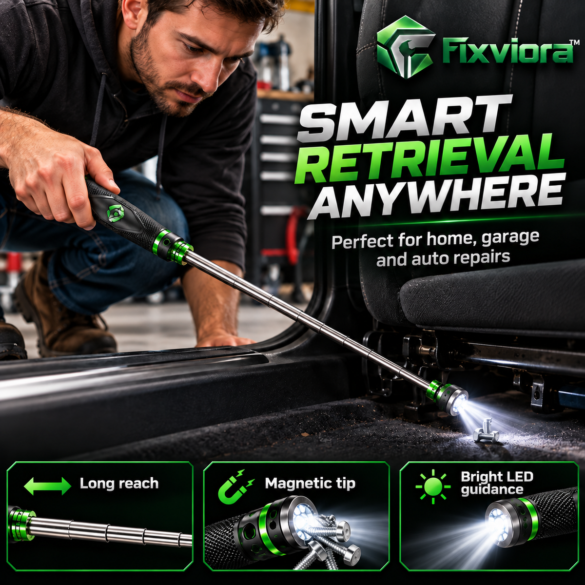 fixviora™ Telescoping Magnetic Pickup Tool with LED Light & Extended Reach