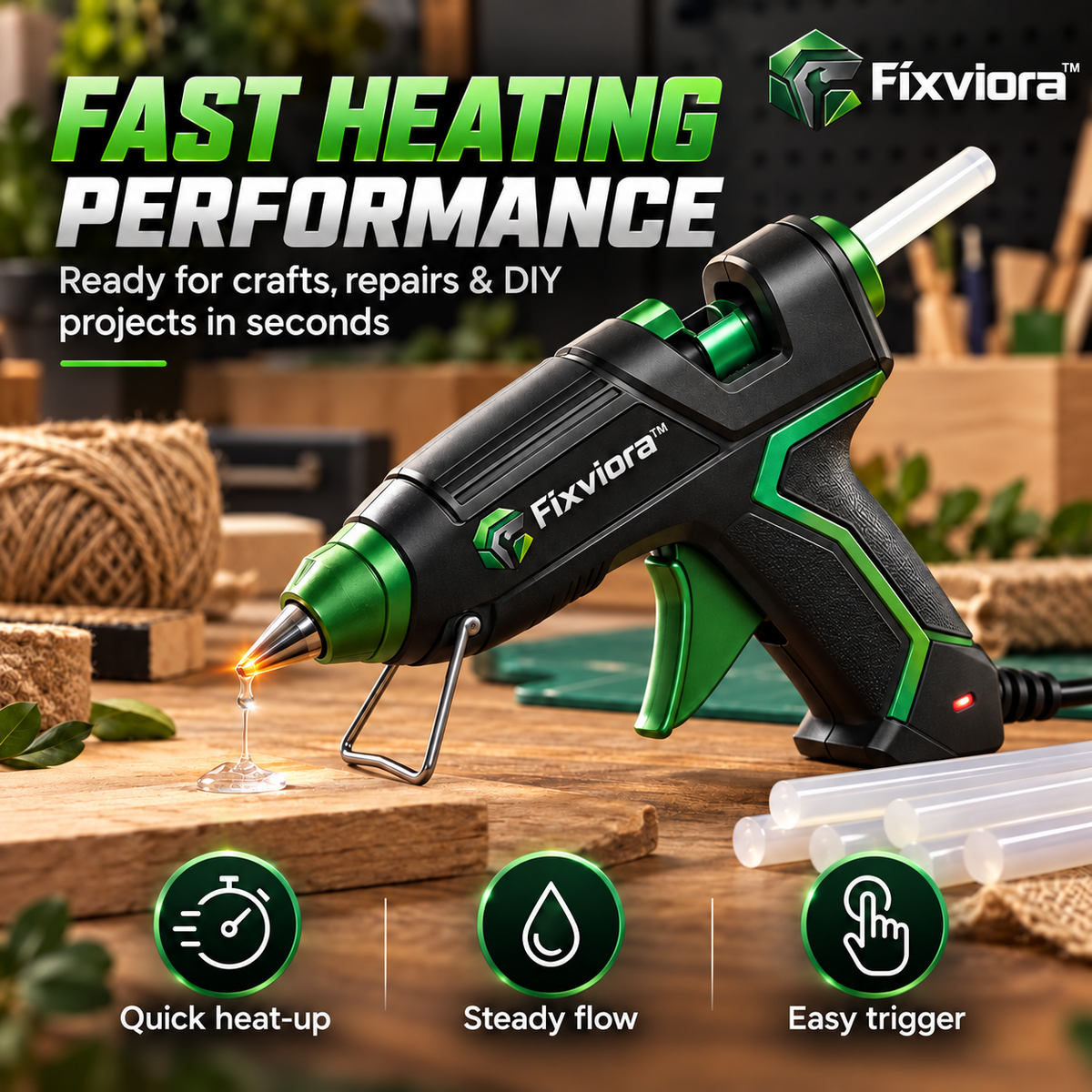 fixviora™ Fast Heating Hot Glue Gun for Crafts, Repairs & DIY Projects
