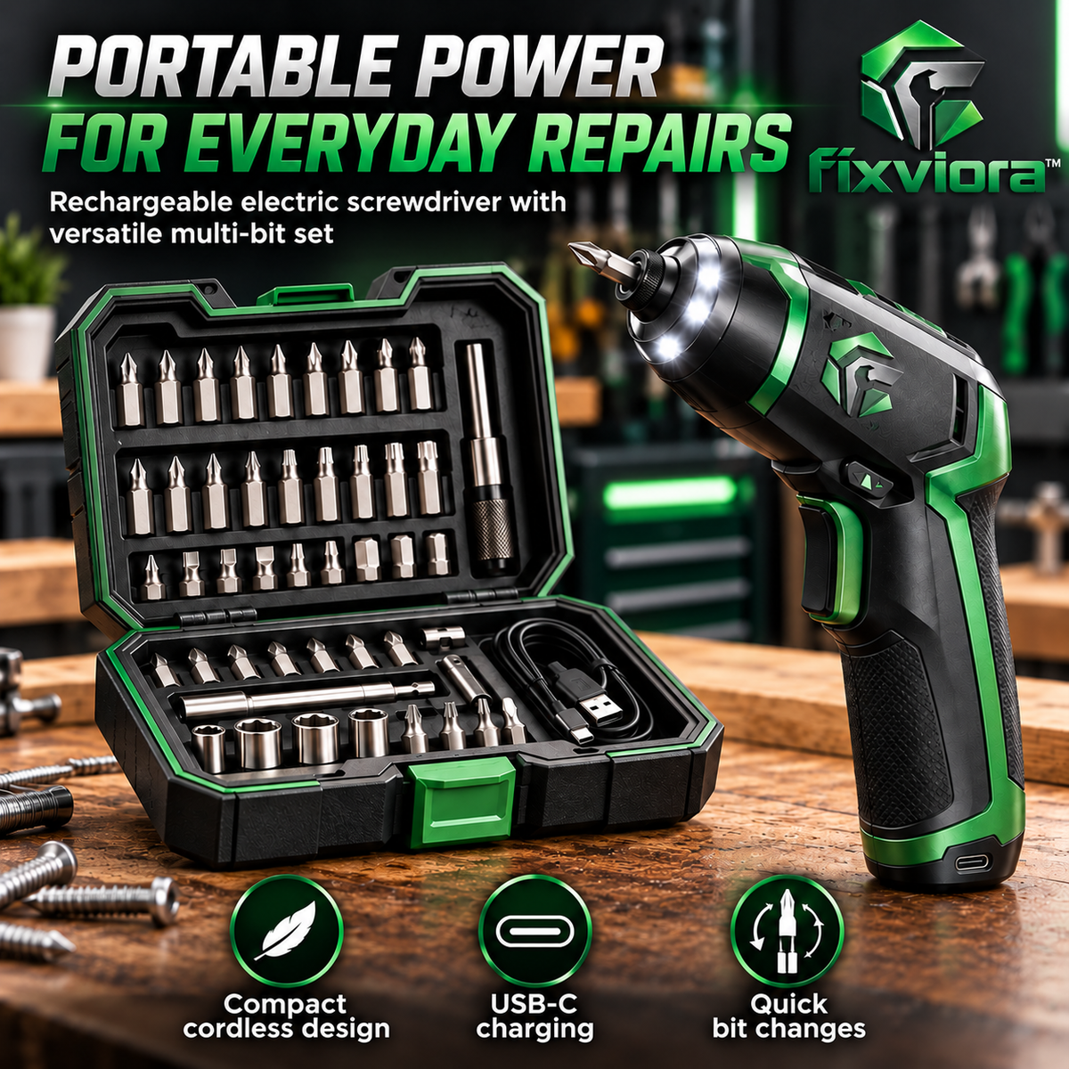 fixviora™ Rechargeable Electric Screwdriver with Portable Power & Multi-Bit Set